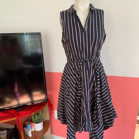 Doe and Rae Striped Navy Dress with Handkerchief Hem and Tie Waist (size Small) - Picture 1 of 4